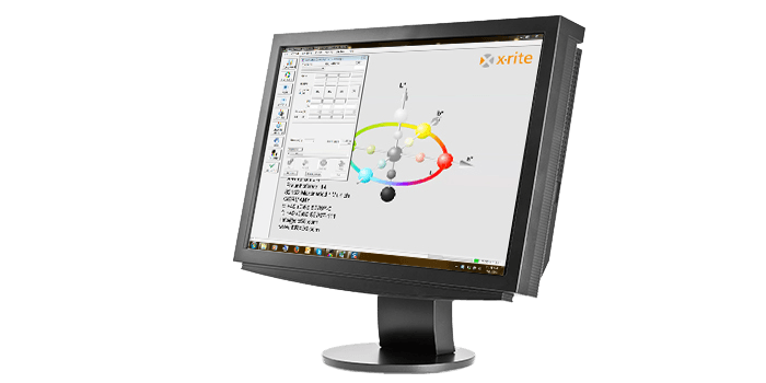 A large desktop computer showing X-Rite color analysis software ESWIN CLCC.