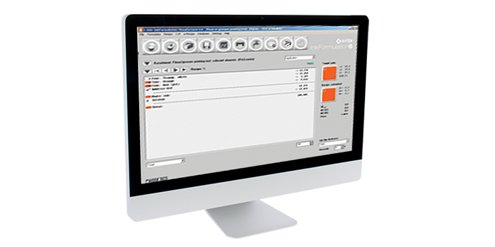 A large desktop computer showing X-Rite color analysis software Inkformulation.