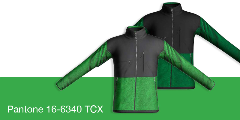 A green and black long sleeve jacket showing visual color evaluation